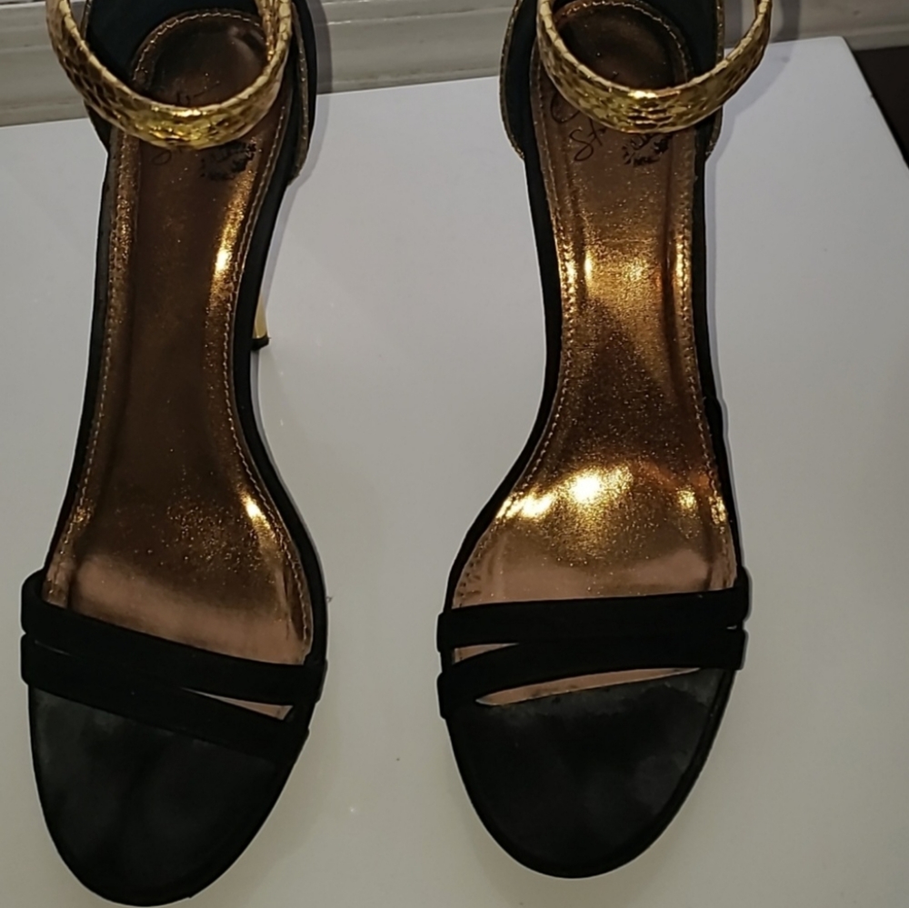 Gorgeous black suede and gold sandals!